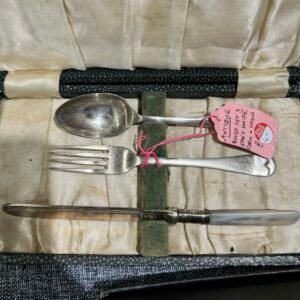 Antique boxed set of 3 EPNS knife, fork and spoon