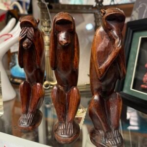 3 carved Iroko wood monkey figurines
