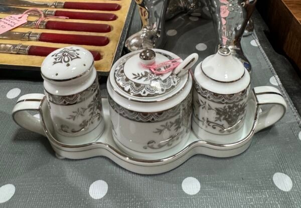 Vintage Noritake 3 piece cruet set on tray