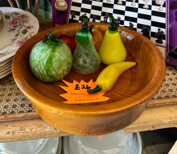 Wooden bowl with glass fruit