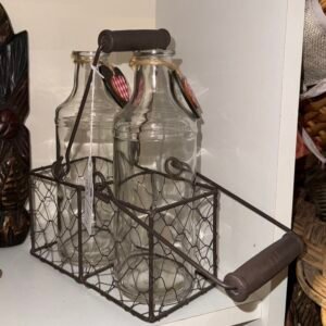 Metal bottle holder with two glass bottles