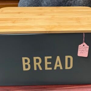 Blue bread bin with bamboo top