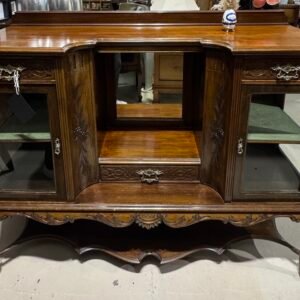 Large Edwardian display cabinet (mirror backed, two glass fronted cabinets with drawers over and central mirror with drawer under with detailed carving)