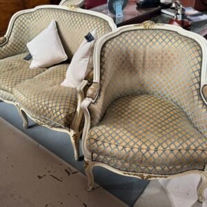 French Louis XV style two seater sofa, two chairs and footstool