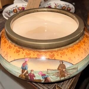Early 20th century ceramic bowl with Dutch fishing scene and EPNS collar rim